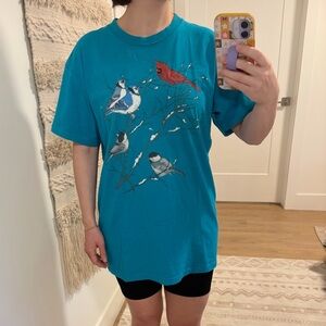 VINTAGE Blue Cotton Bird Print T-Shirt Size L
